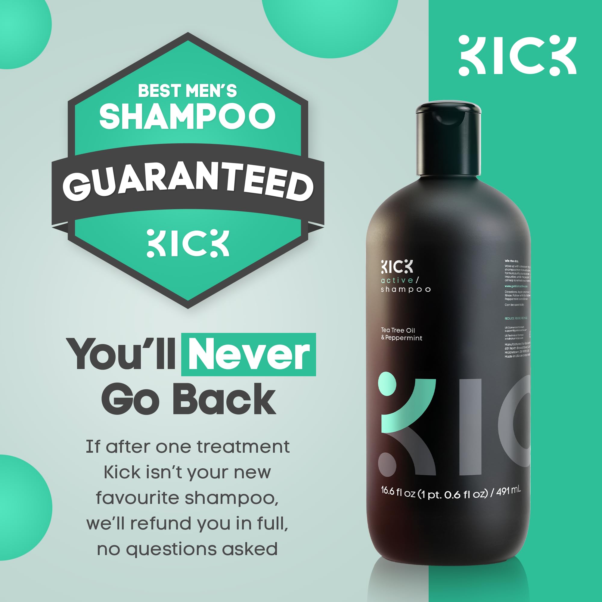 Kick Mens Shampoo after-use image suggests refreshed scalp and non-greasy feel
