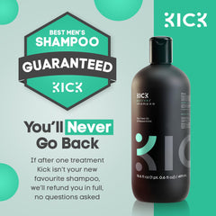 Kick Mens Shampoo after-use image suggests refreshed scalp and non-greasy feel