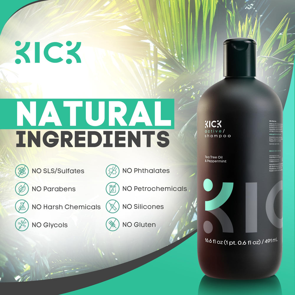Kick Mens Shampoo packaging front showcases sulfate-free formula and cruelty-free branding