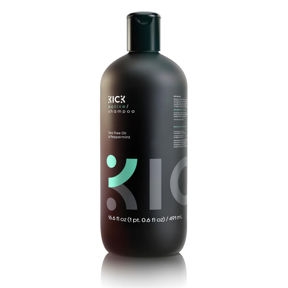 Kick Mens Shampoo peppermint bottle pour highlights oil-control and refreshing scalp feel