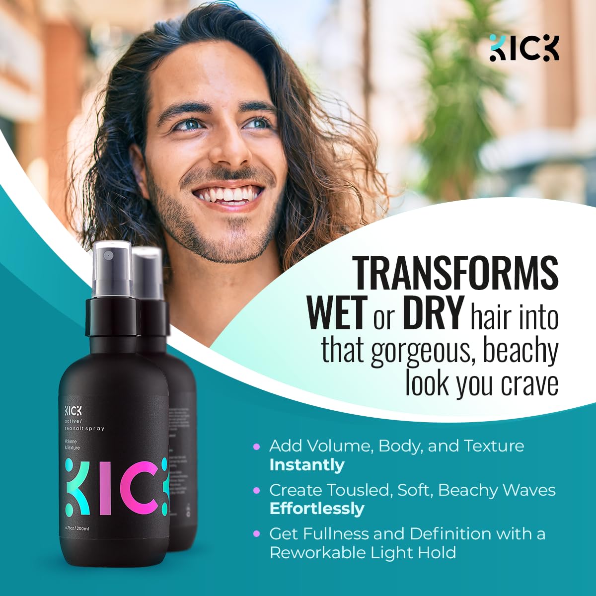 Kick Sea Salt Spray bottle back showing UV protection and color care.