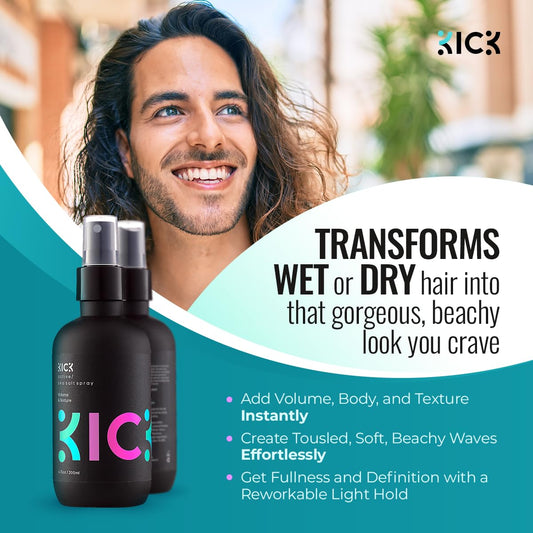 Kick Sea Salt Spray bottle back showing UV protection and color care.