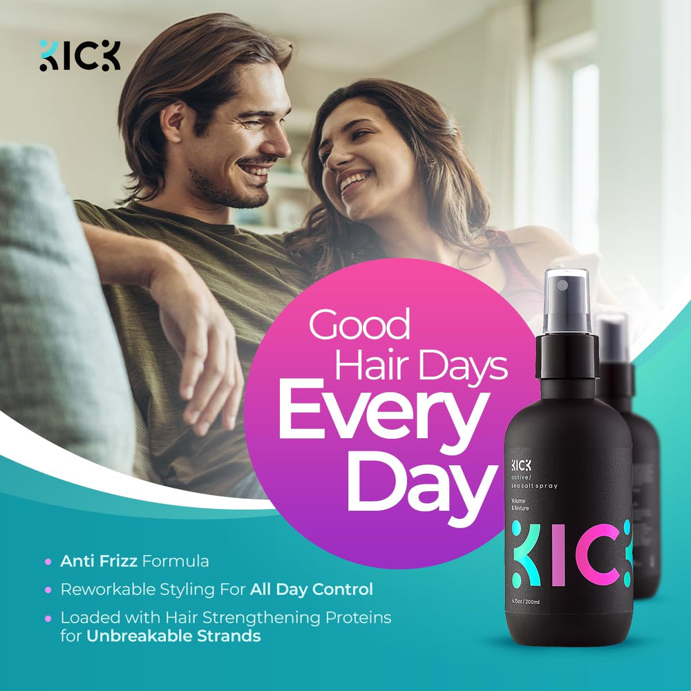 Kick Sea Salt Spray hands applying texture for a tousled look.