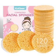 Kickleen compressed round facial sponge ready to expand for gentle daily cleansing.