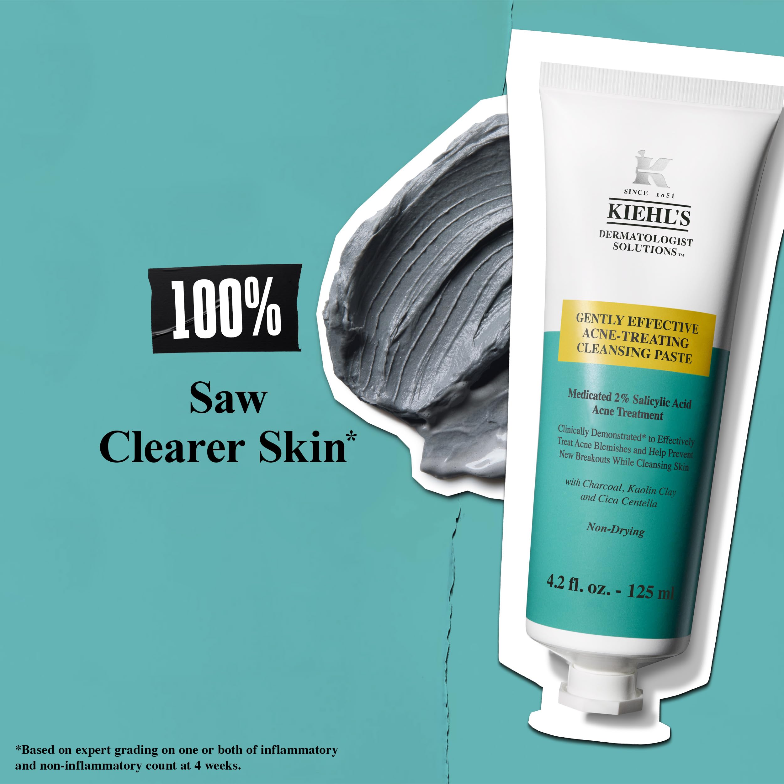 Kiehl's Acne-Treating Cleansing Paste texture close-up highlights creamy charcoal paste