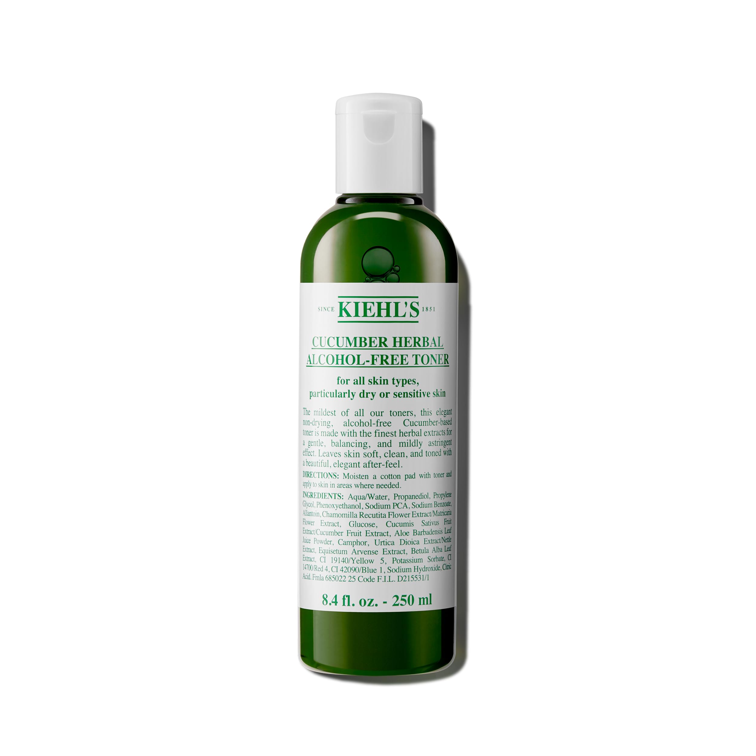 Kiehl's Cucumber Toner bottle close-up showing alcohol-free formula for sensitive skin