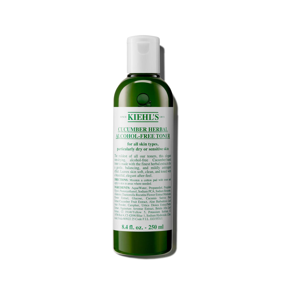 Kiehl's Cucumber Toner bottle close-up showing alcohol-free formula for sensitive skin