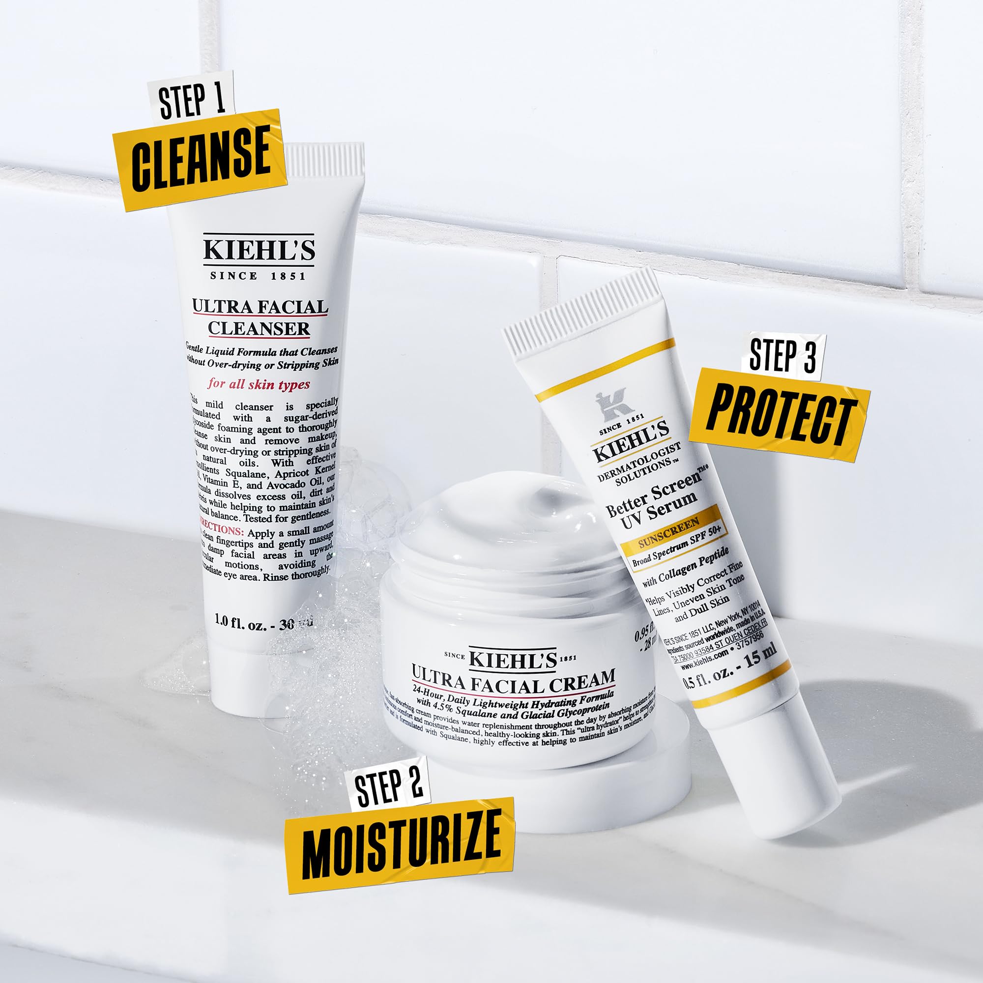 Kiehl's glacial glycoprotein and pro-ceramides closeup suggest moisture barrier support.