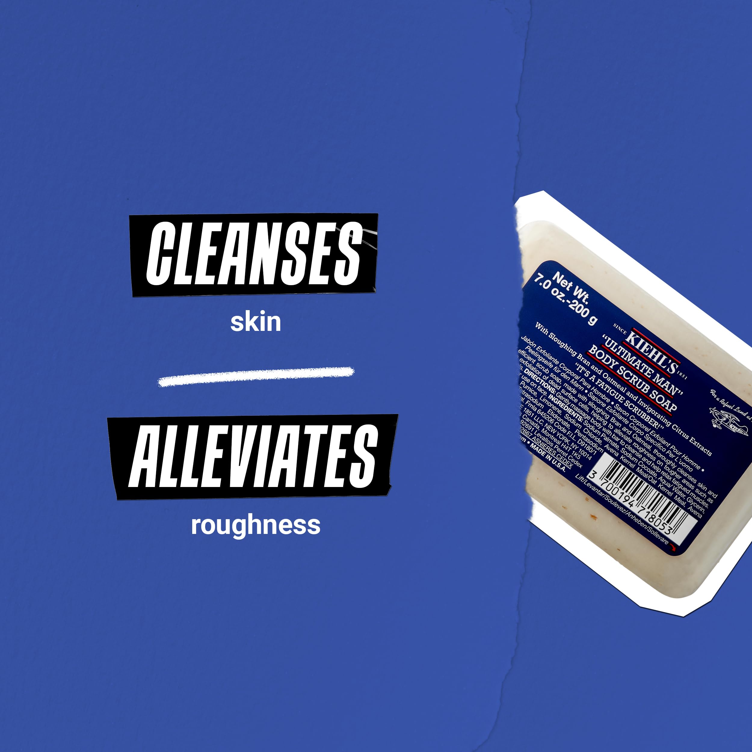 Kiehl's Ultimate Man Body Scrub bar texture reveals grit from pumice and oat bran.