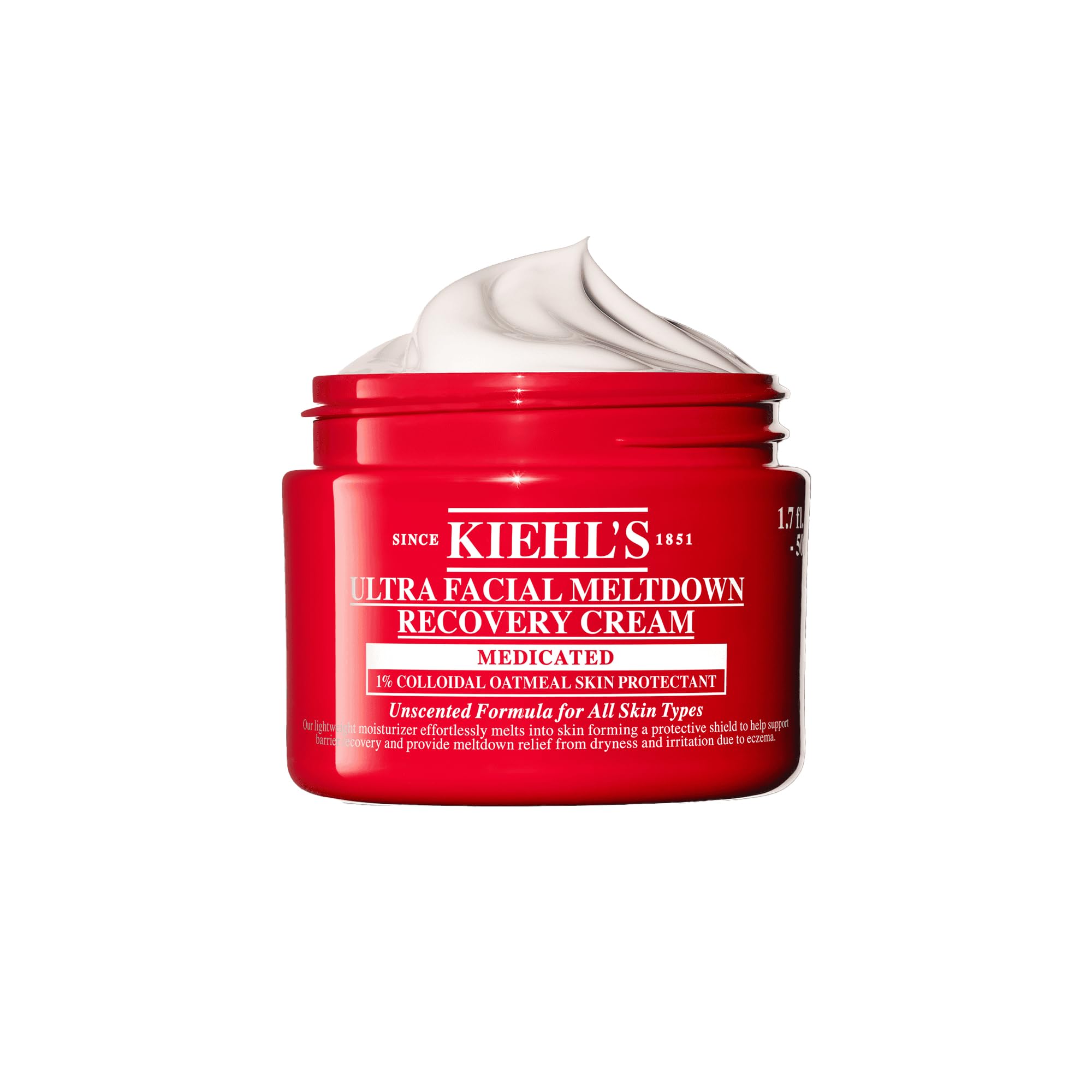 Kiehl's Ultra Facial Recovery Barrier Cream bottle shows packaging for sensitive skin and hydration.