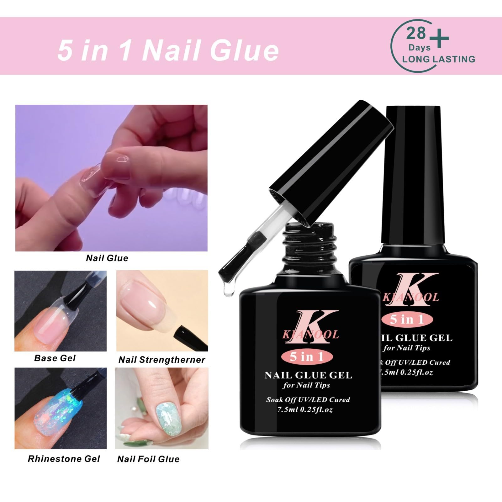 KIANOOL 5-in-1 nail glue for tip adhesion and base gel.