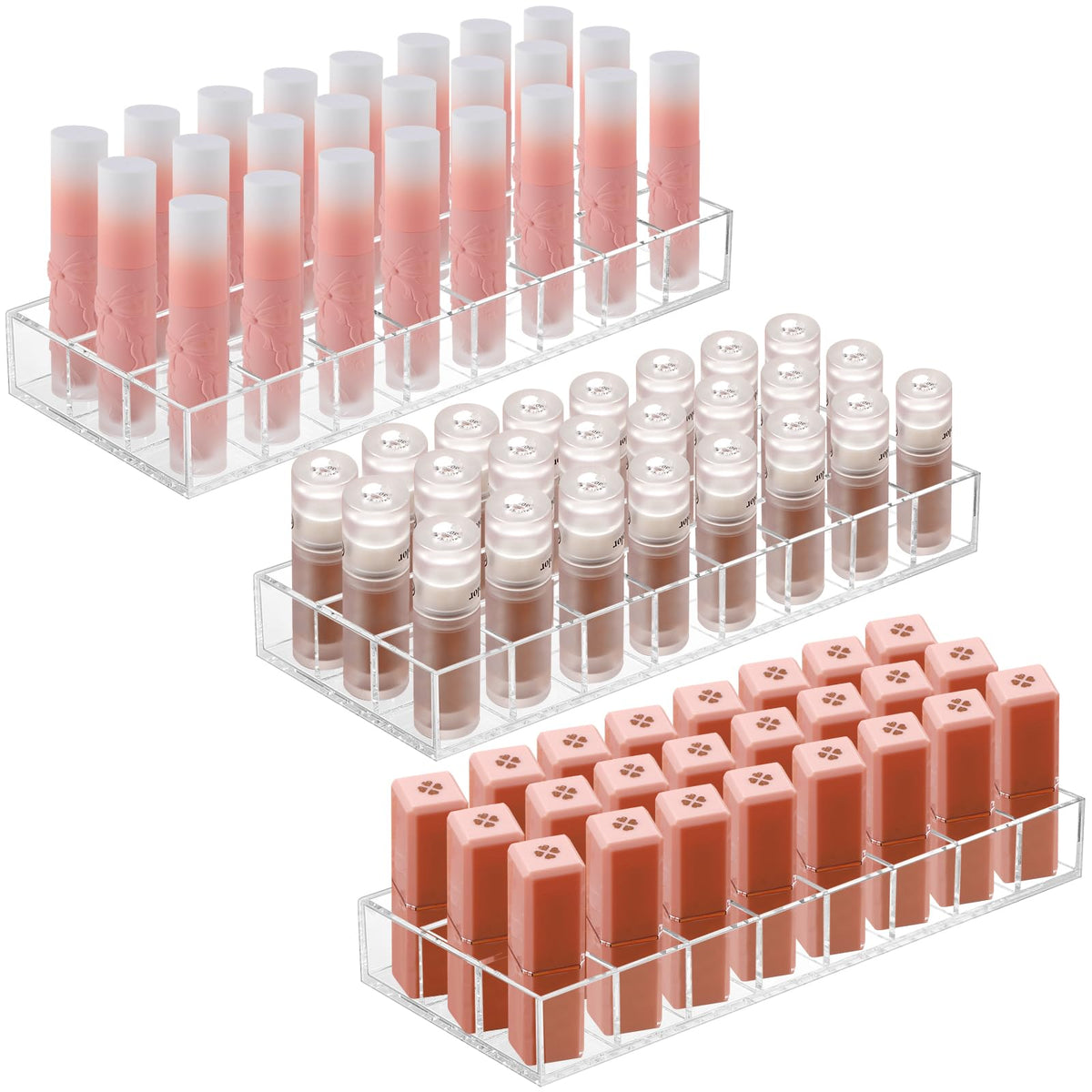 Kigley 3-piece clear lipstick organizer in a drawer for tidy makeup storage
