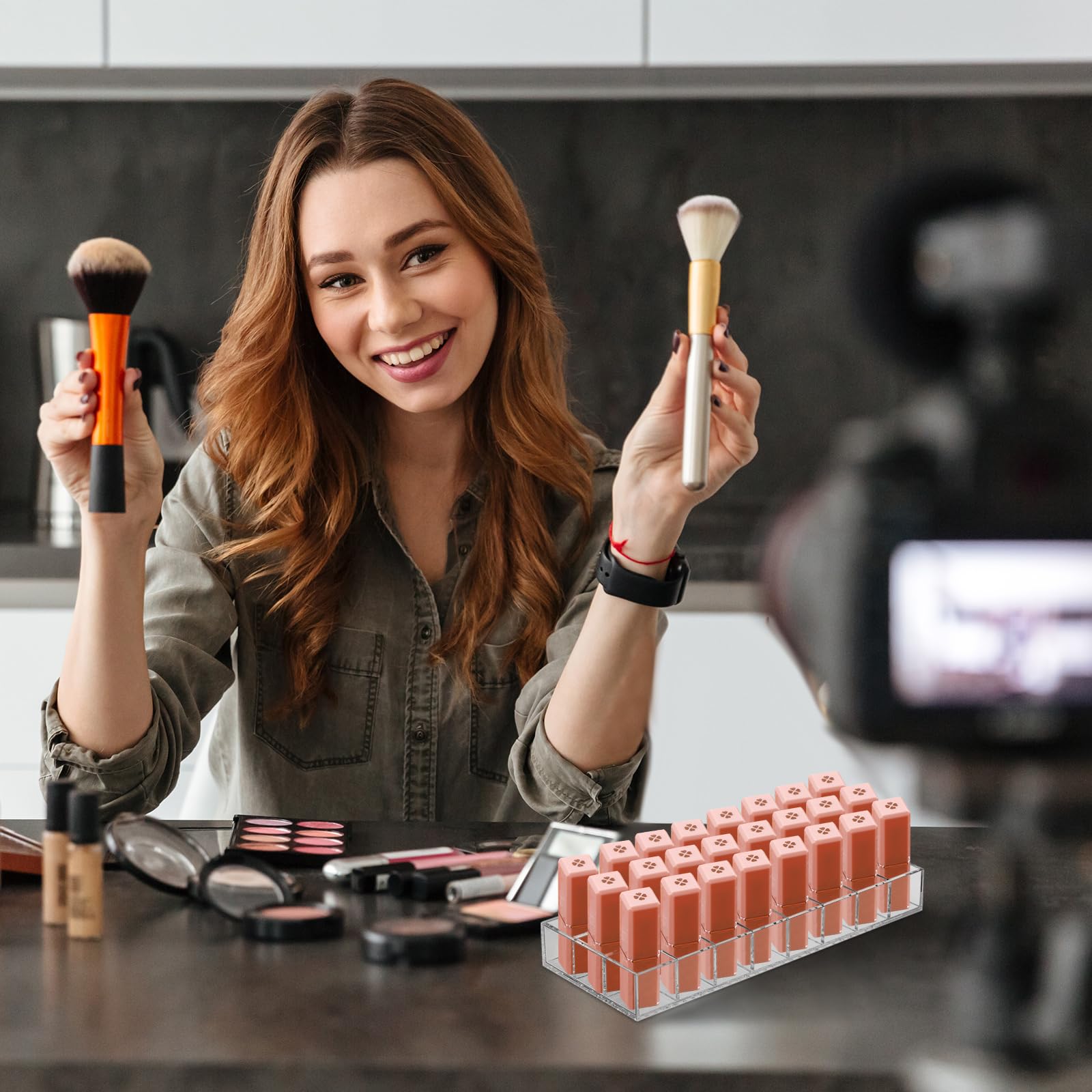 Kigley lip balm and makeup display shelf keeps essentials at hand
