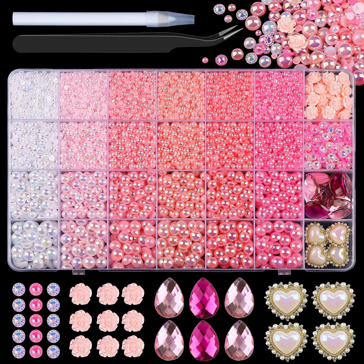 Kikonoke 8900pcs pink gradient flatback pearls for nail art and decor.