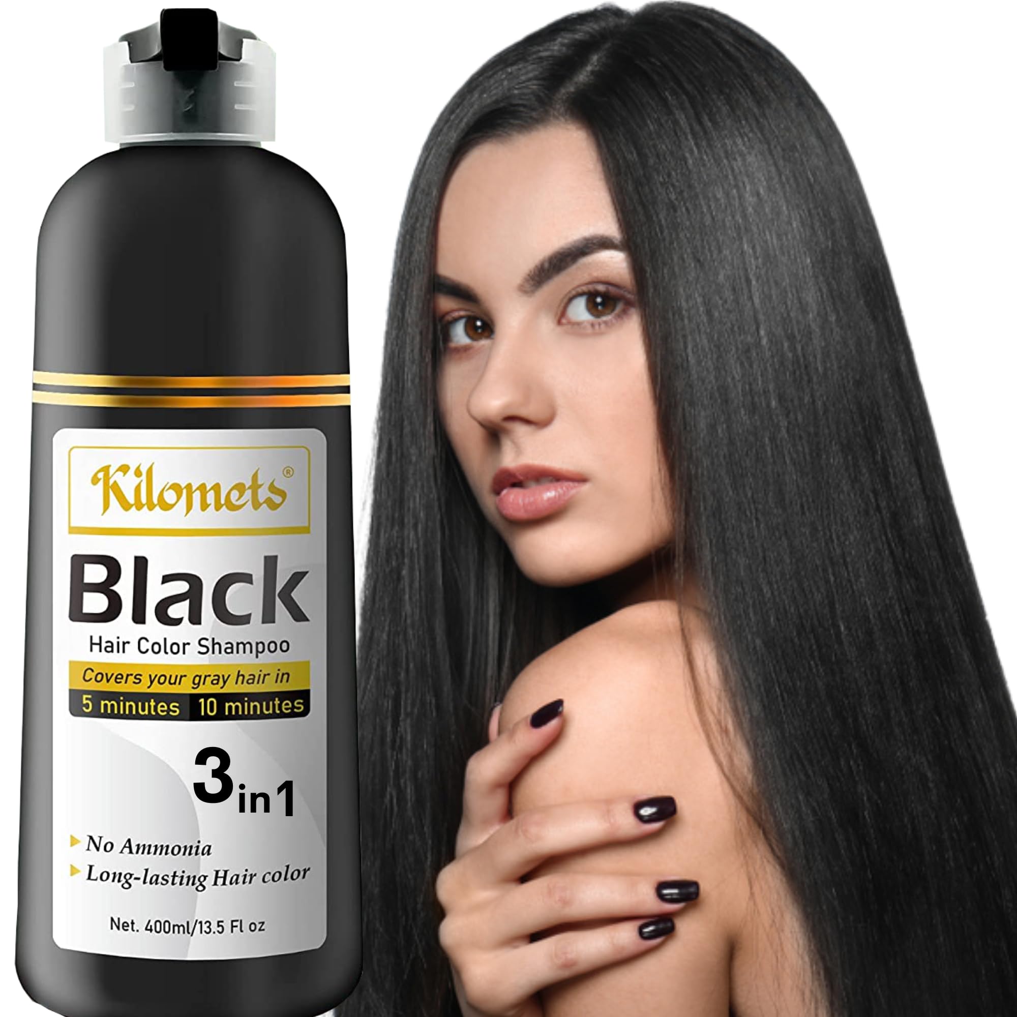 Kilomets Black Hair Dye Shampoo bottle demonstrates quick gray coverage option.