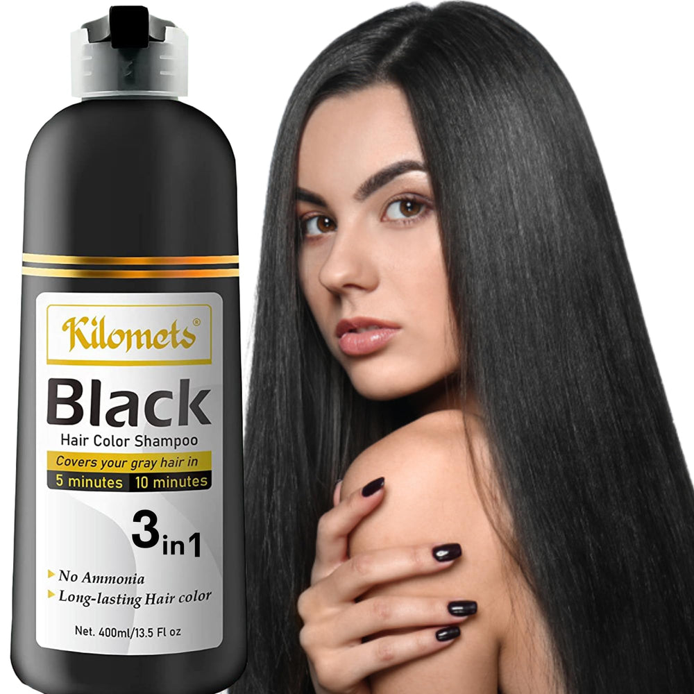 Kilomets Black Hair Dye Shampoo bottle demonstrates quick gray coverage option.