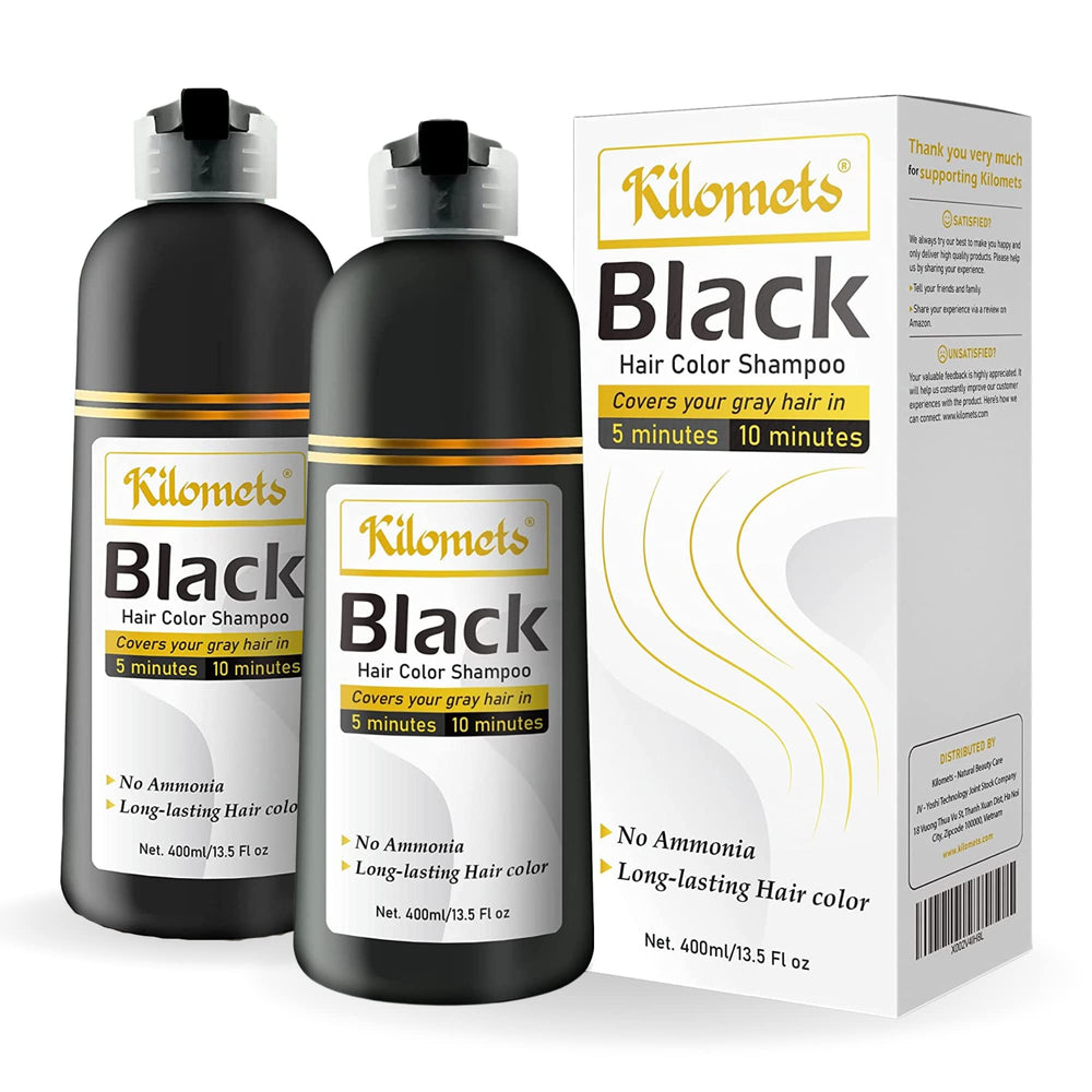 Kilomets Black Hair Dye Shampoo bottle front on the 2-pack for quick gray coverage.