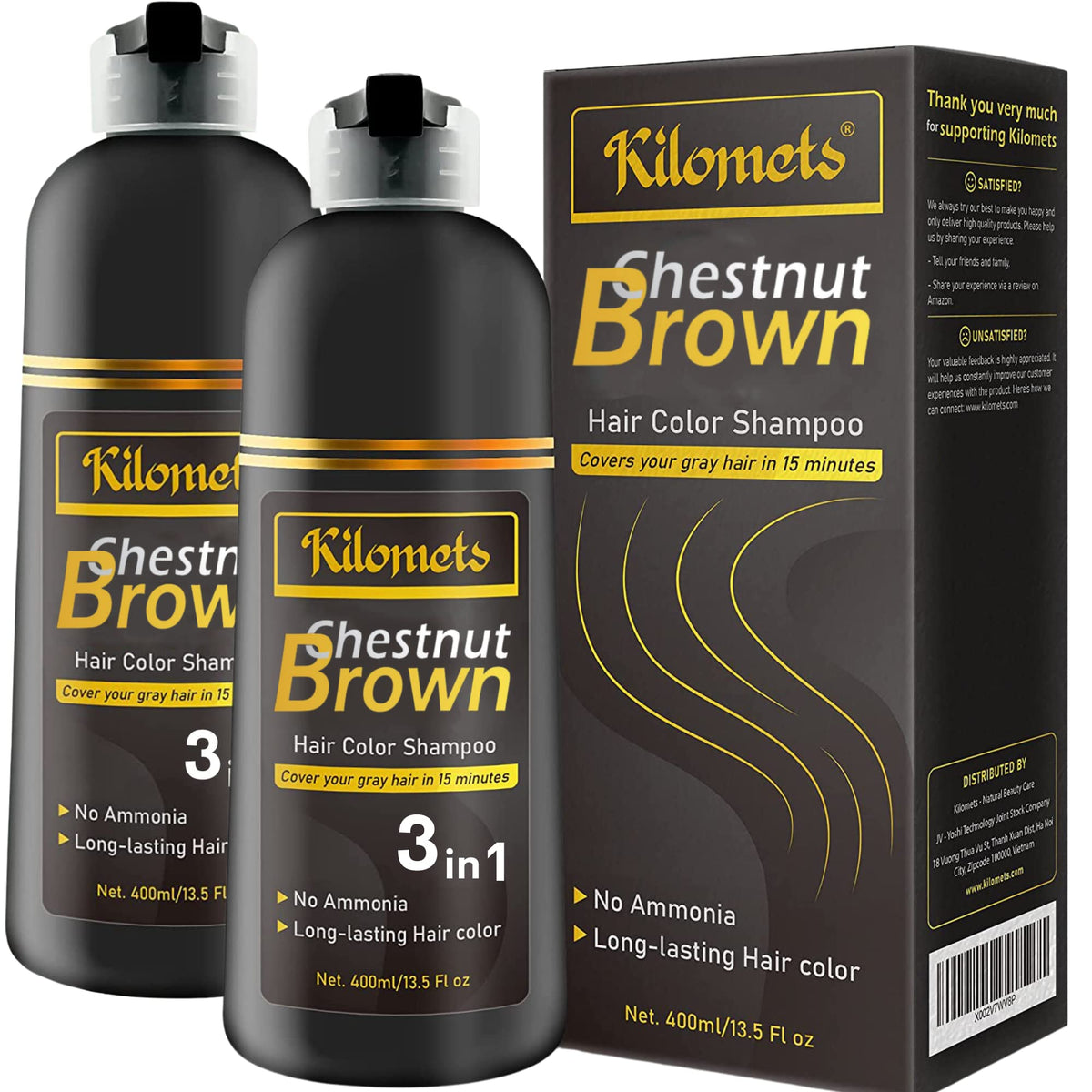 Kilomets Chestnut Hair Dye Shampoo bottle being poured for quick color touch-up