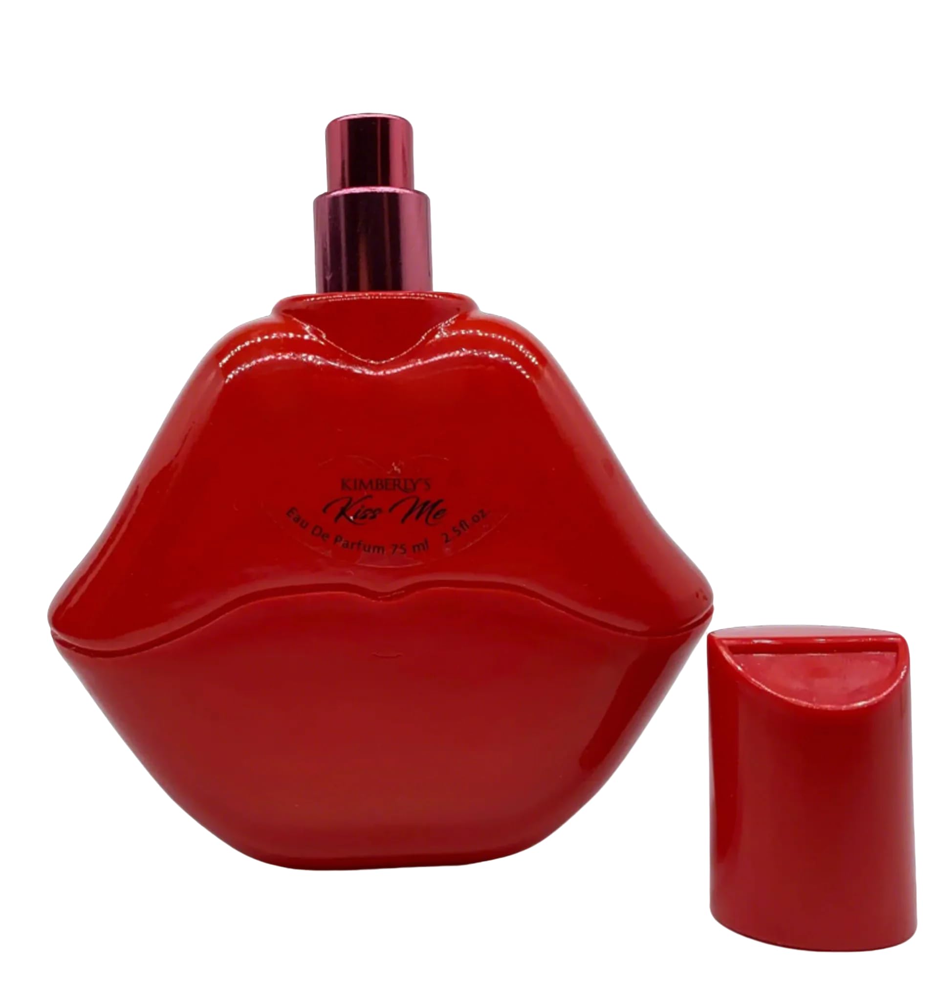 Kimberly's Kiss Me red lip bottle embodies a glamorous scent ritual.