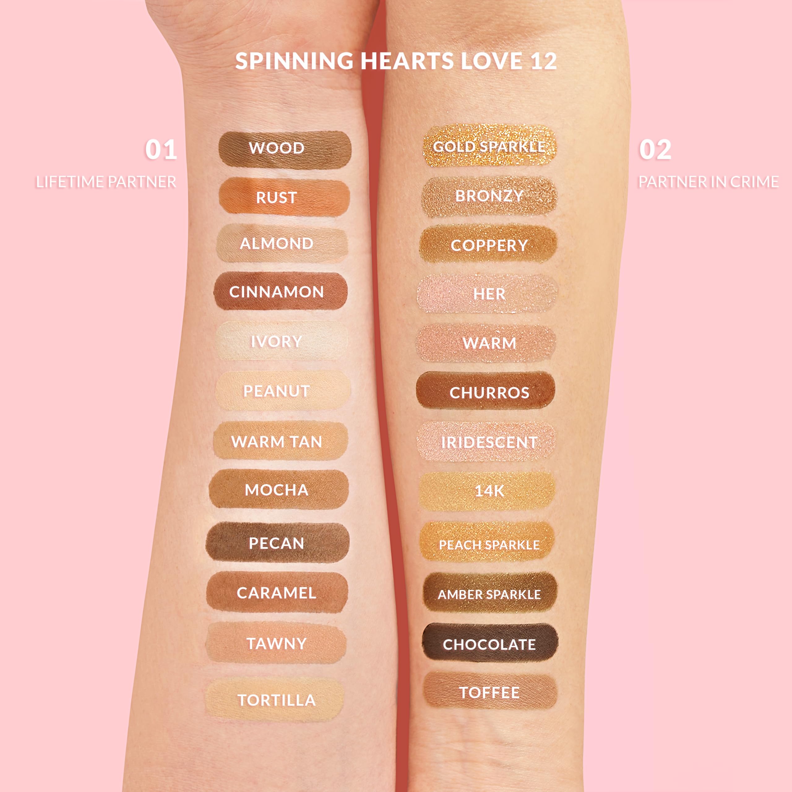 Kimchi Chic Spinning Hearts Love Eyeshadow palette with glittery shimmer shades for party-ready vibes.