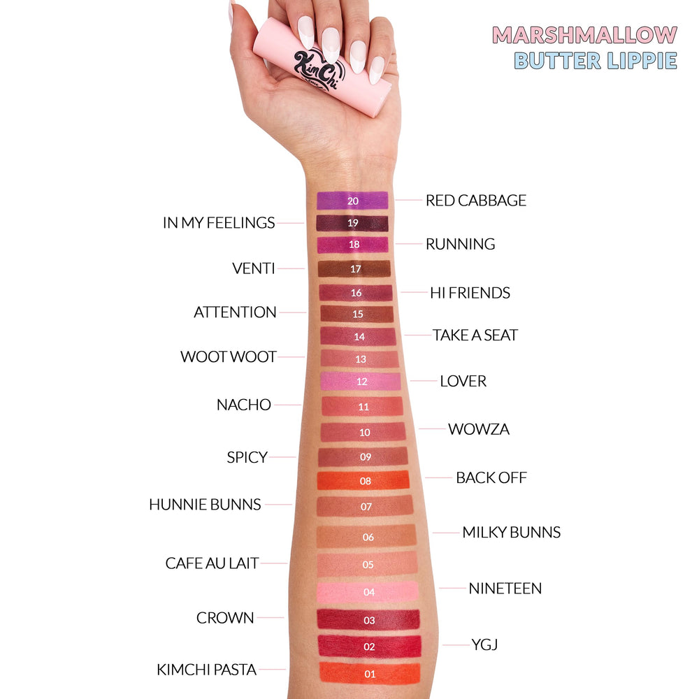 KimChiChic Marshmallow Butter Lippie on lips, bold color payoff