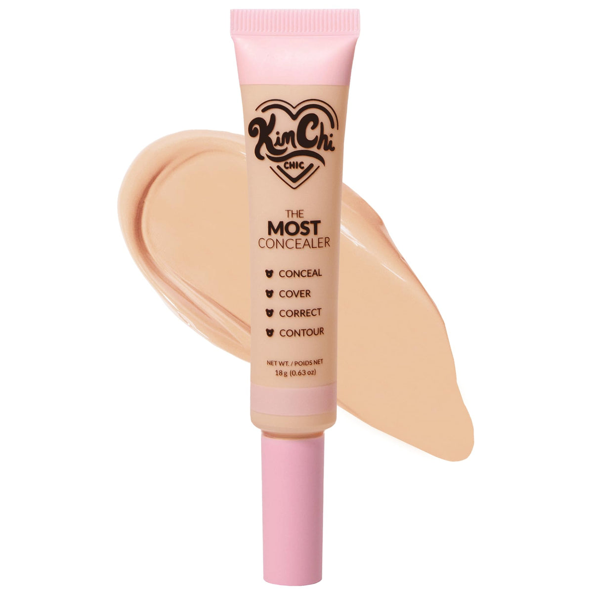 KimChiChic The Most Concealer bottle closeup shows coverage and sleek packaging for everyday wear.