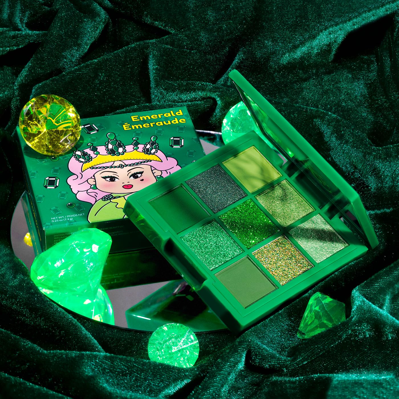 KimChiChic Emerald palette with brushes for everyday to glam looks