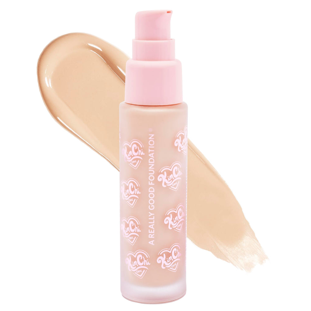 KimChiChic foundation bottle close-up highlights creamy texture for smooth everyday wear.