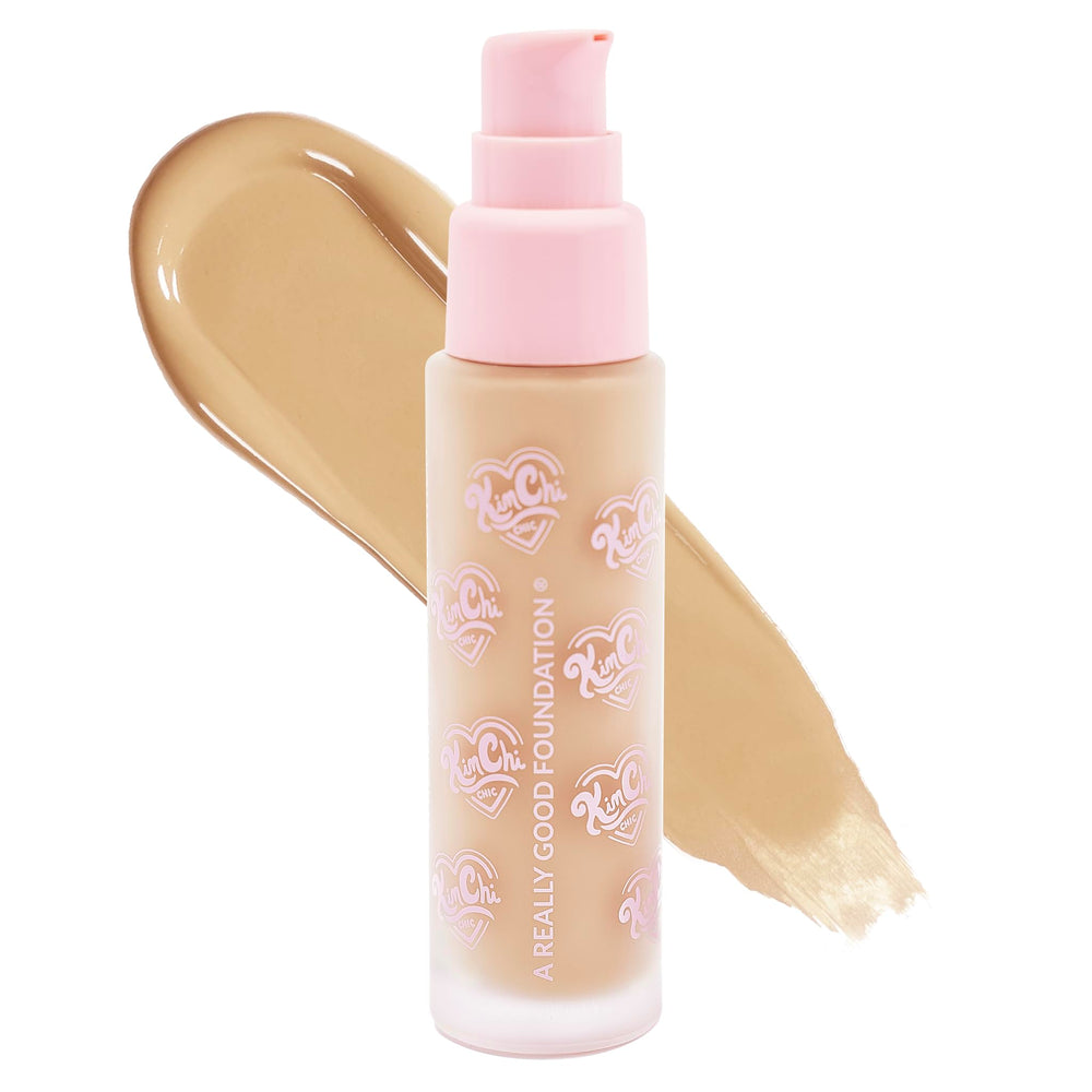 KimChiChic foundation bottle close-up showing creamy texture for flawless coverage.