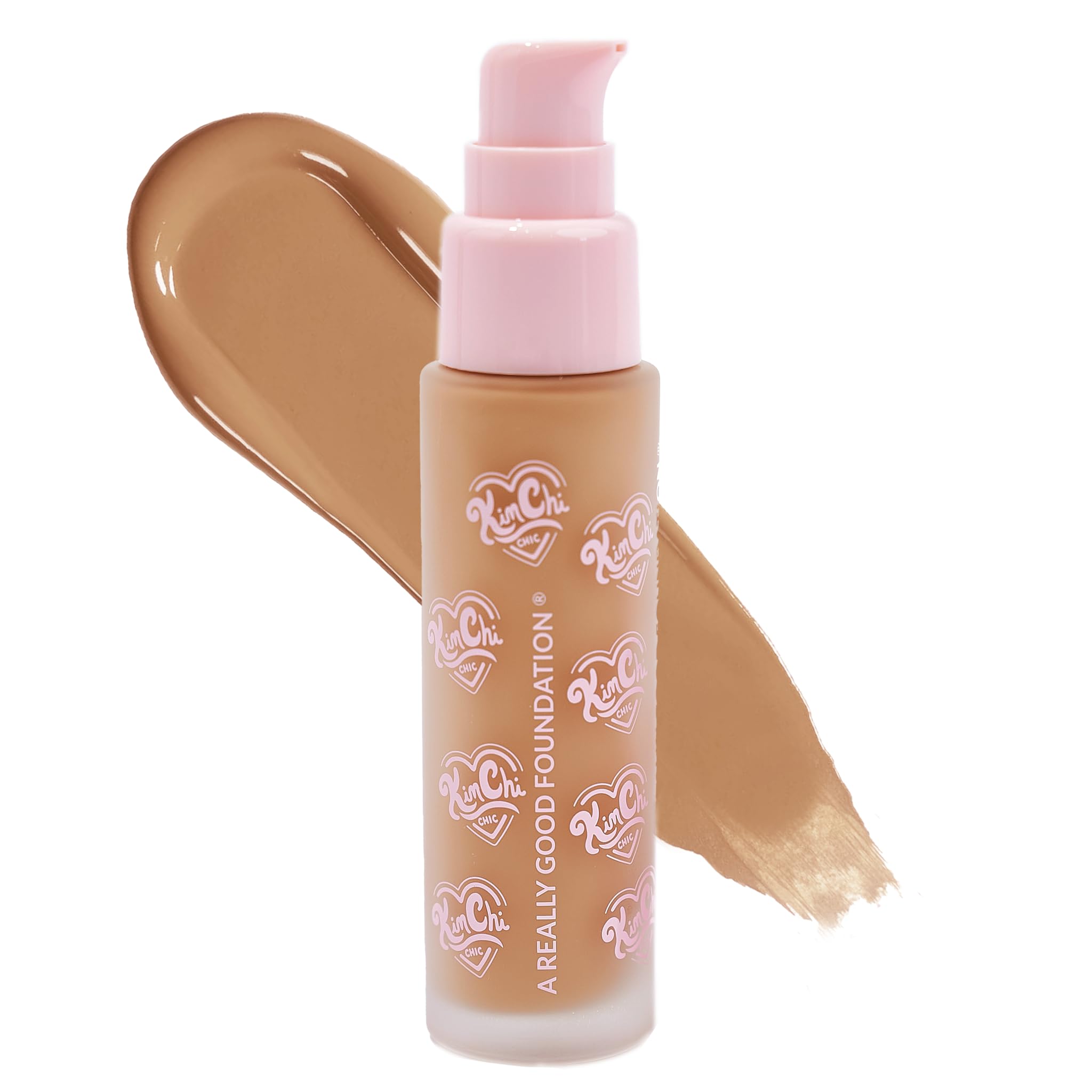 KimChiChic Beauty foundation bottle closeup shows creamy texture for even coverage.