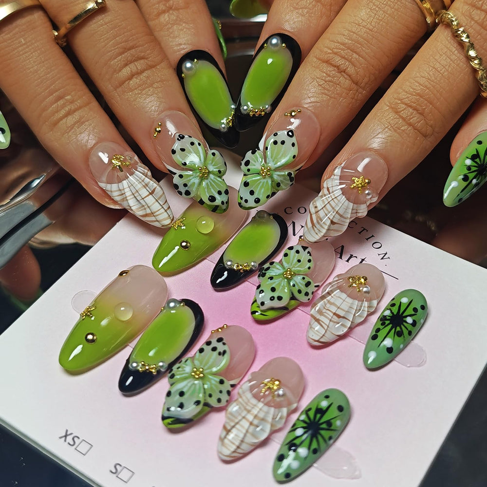 KimKista almond press-ons show botanical texture for chic everyday looks.