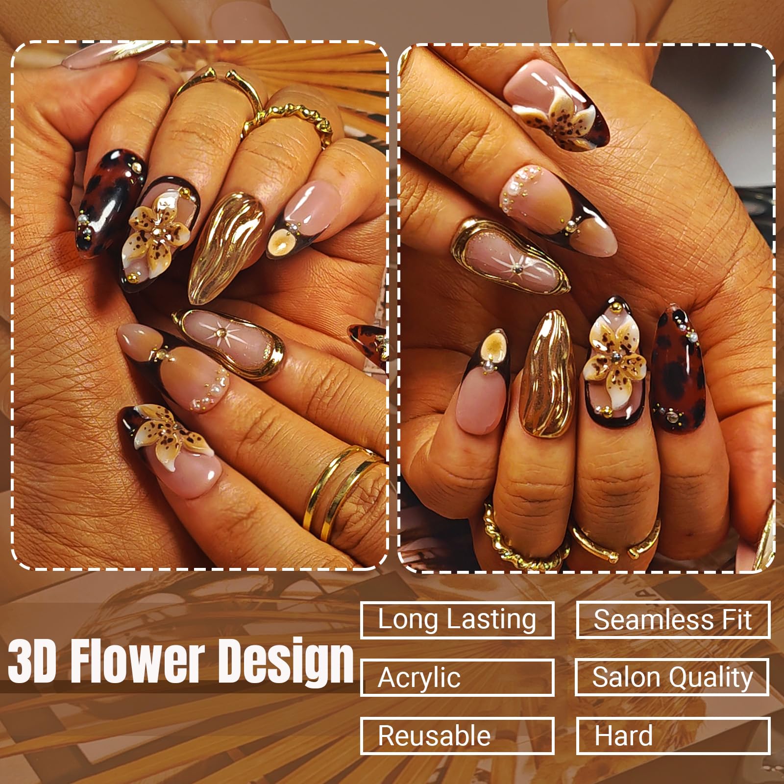 Gold chrome dust accents add subtle glow to Amber Bloom-S nails