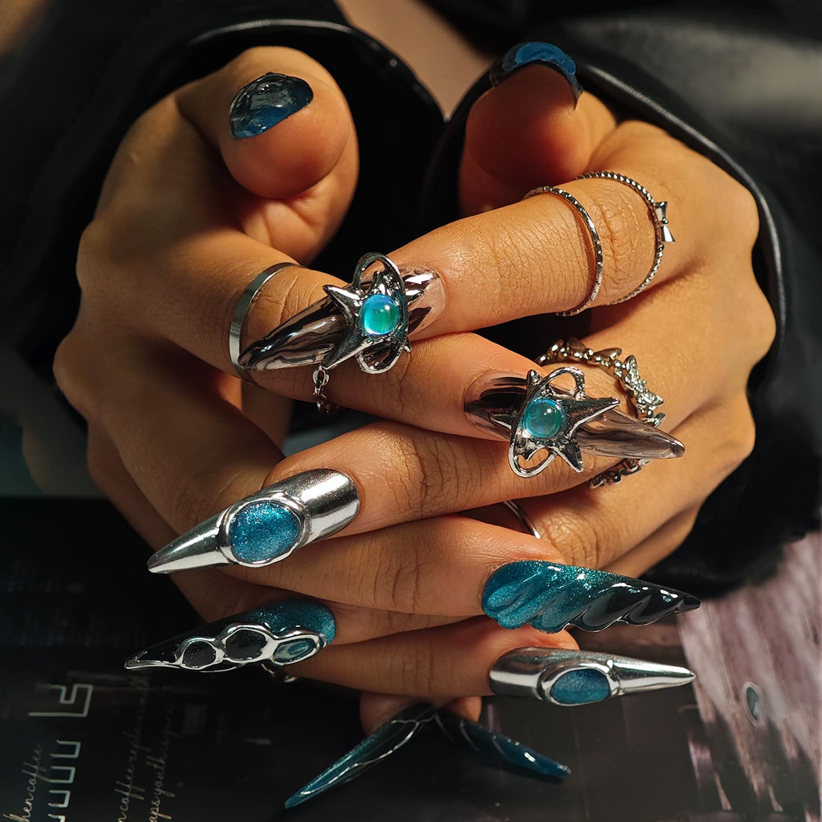 KimKista ombre silver chrome nails with cosmic teal accents