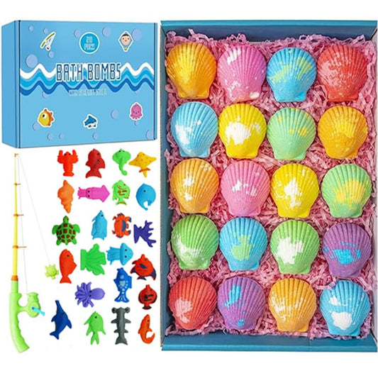 Kims Cosiart shell bath bombs gift set packaging with colorful surprises for kids.