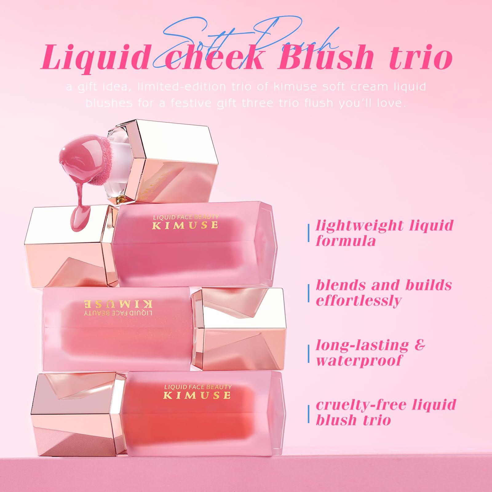 KIMUSE swatches showing dewy finish and buildable color for daily radiance.