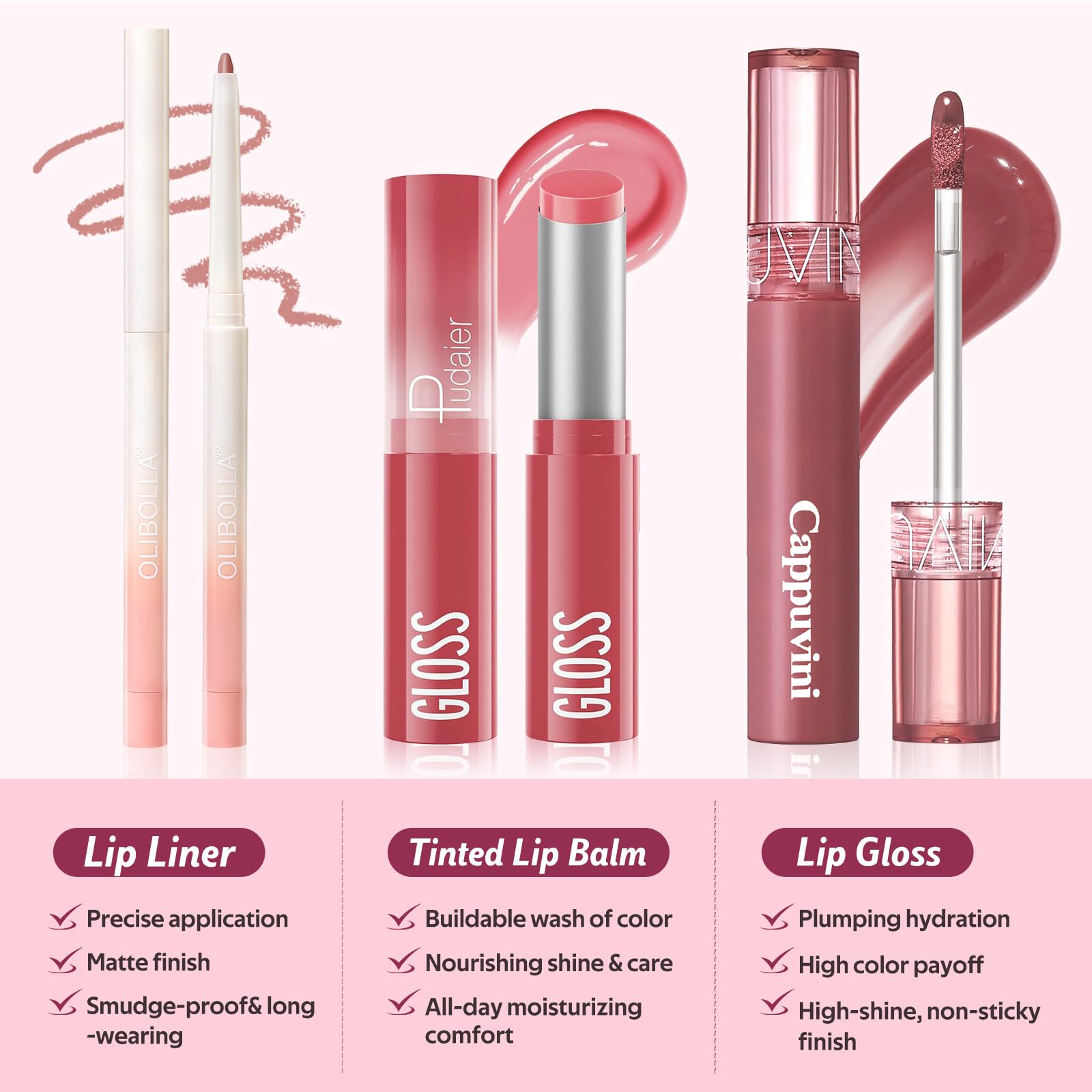 Kimuse Sweet Fig Set hydrating tint oil adds shine while keeping lips moisturized.