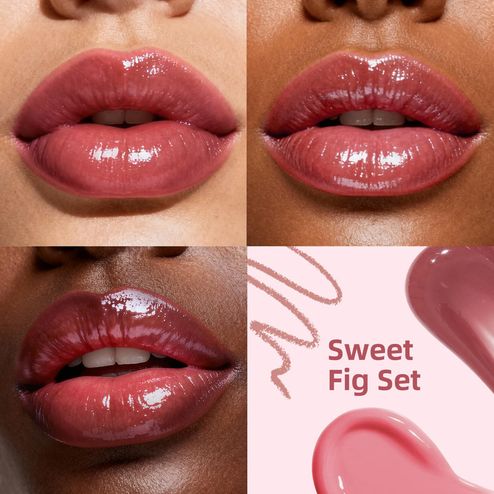 Kimuse Sweet Fig Set multidimensional lip look with glossy finish.