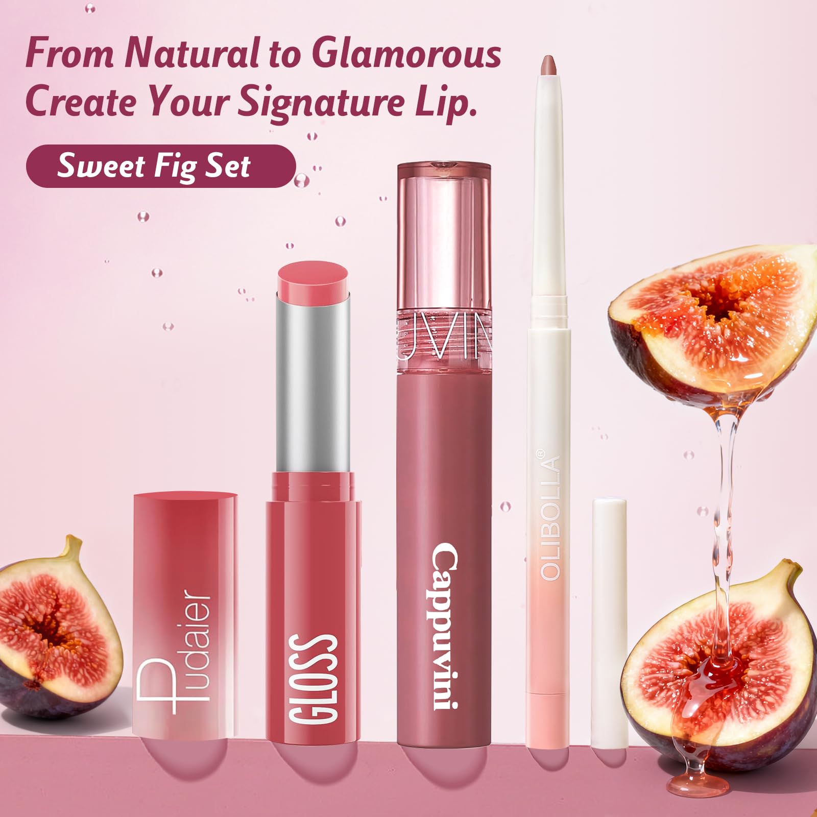 Kimuse Sweet Fig Set versatile lip kit for everyday makeup needs.