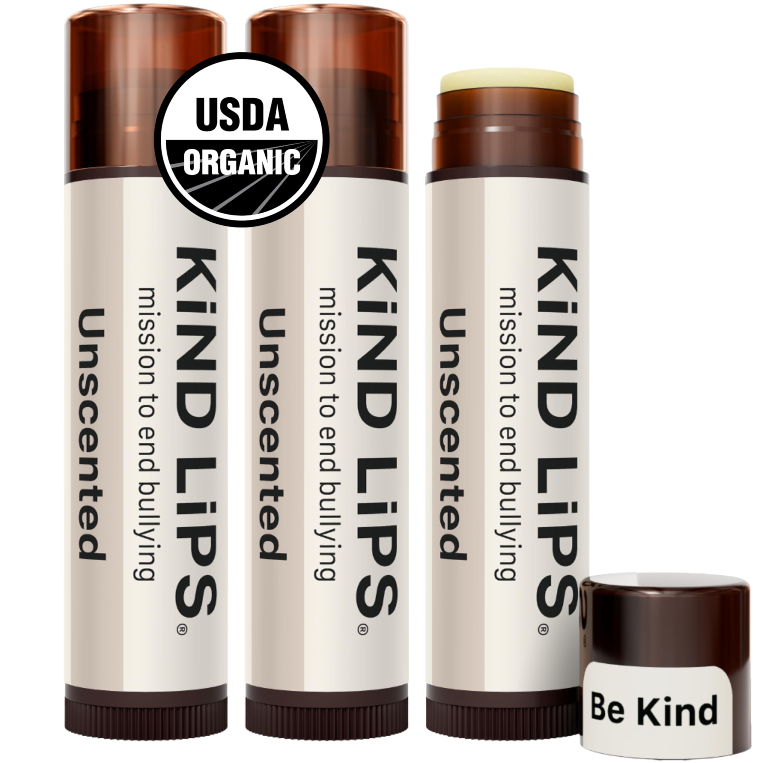Kind Lips unscented lip balm 3-pack pack shot highlighting fragrance-free formula