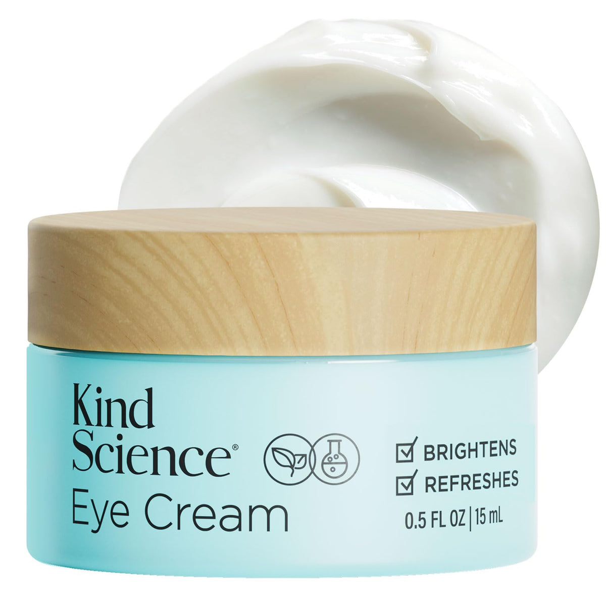 Kind Science Eye Cream bottle closeup highlighting fragrance-free hydration for under-eye skin.