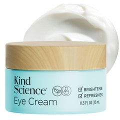 Kind Science Eye Cream bottle closeup highlighting fragrance-free hydration for under-eye skin.