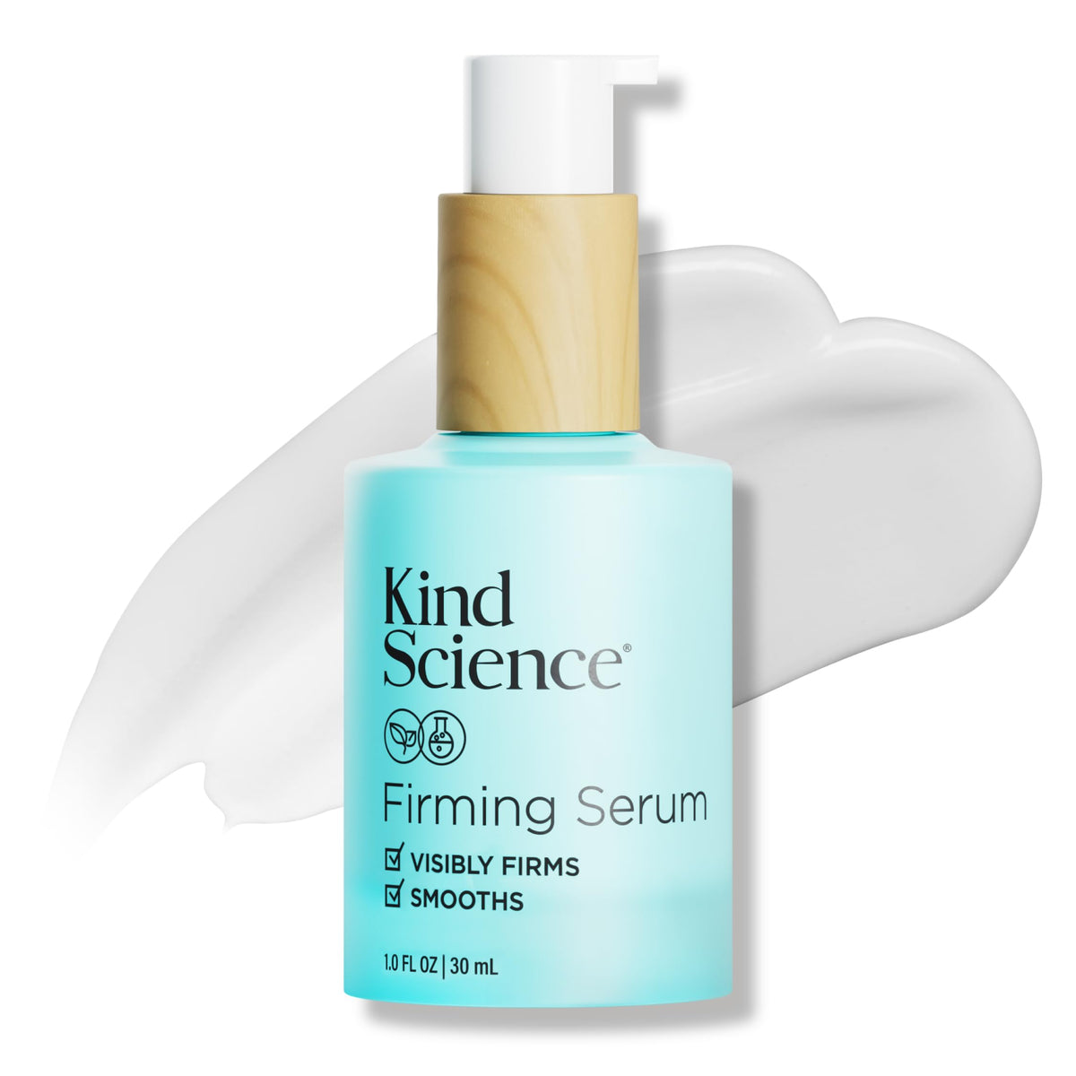 Kind Science Firming Serum bottle close-up showing fragrance-free formula for sensitive skin.