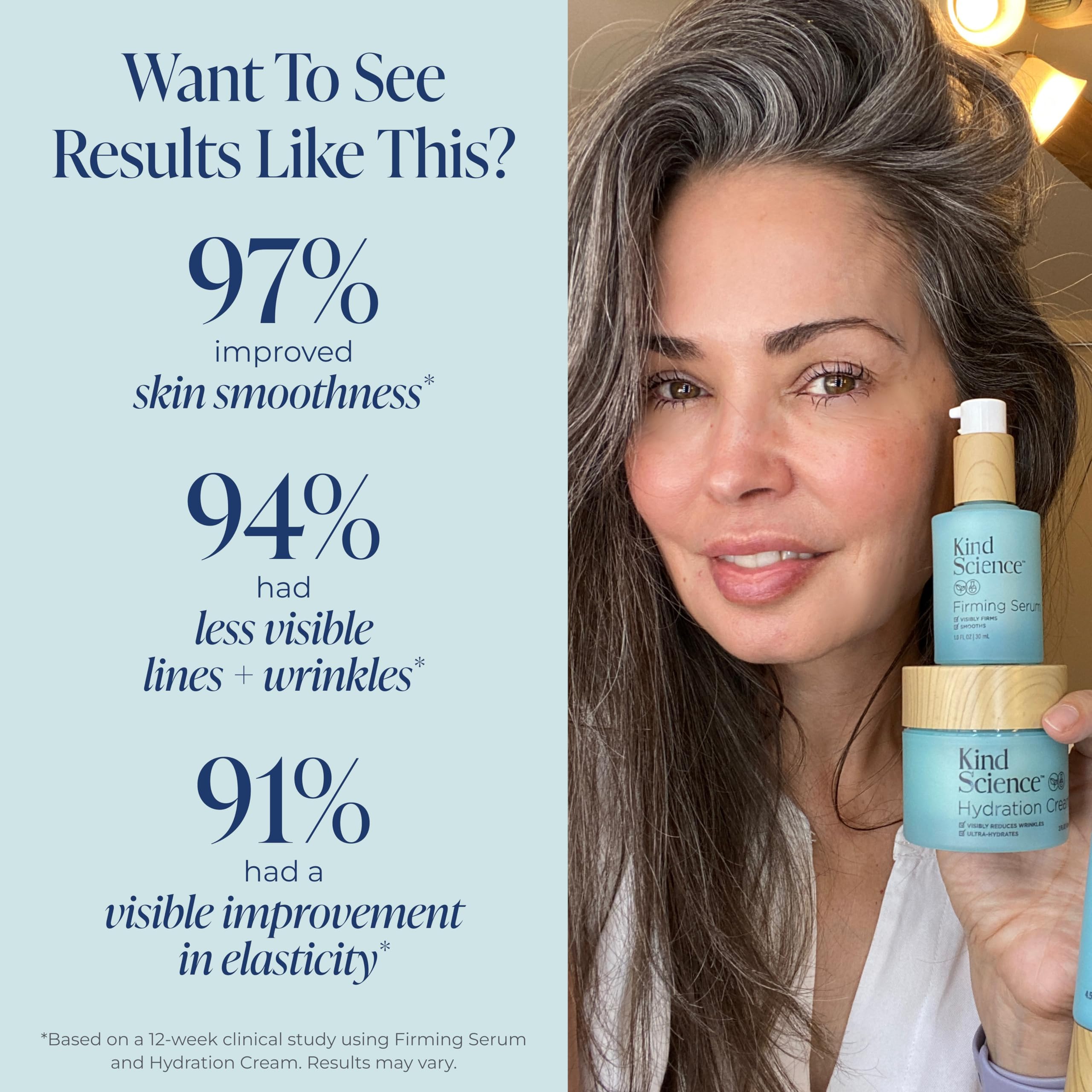 Kind Science Firming Serum bottle closeup highlighting firmness support.
