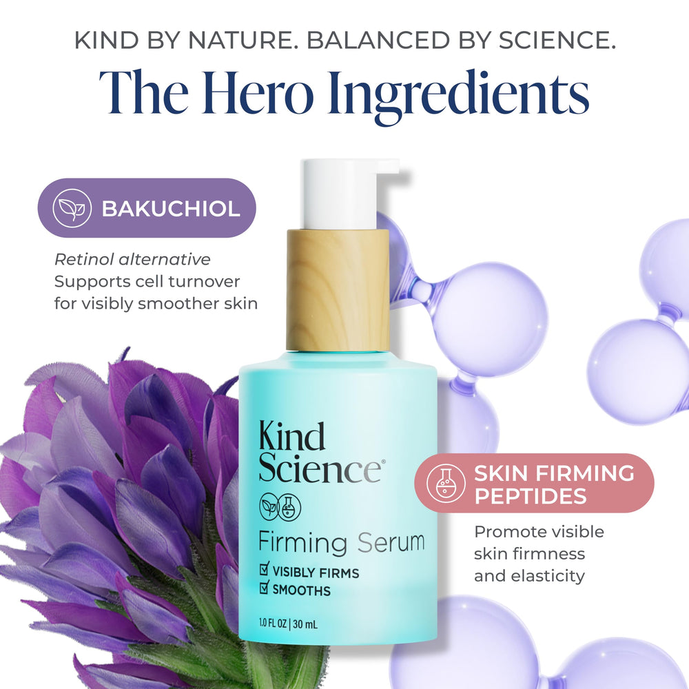Kind Science Peptides serum tube suggests firmer skin and improved texture.
