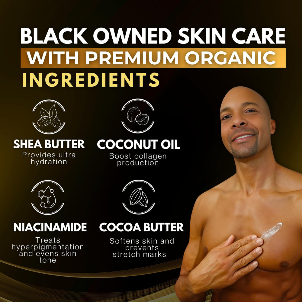King Complexion ingredients banner highlights cocoa and shea butters for skin nourishment.