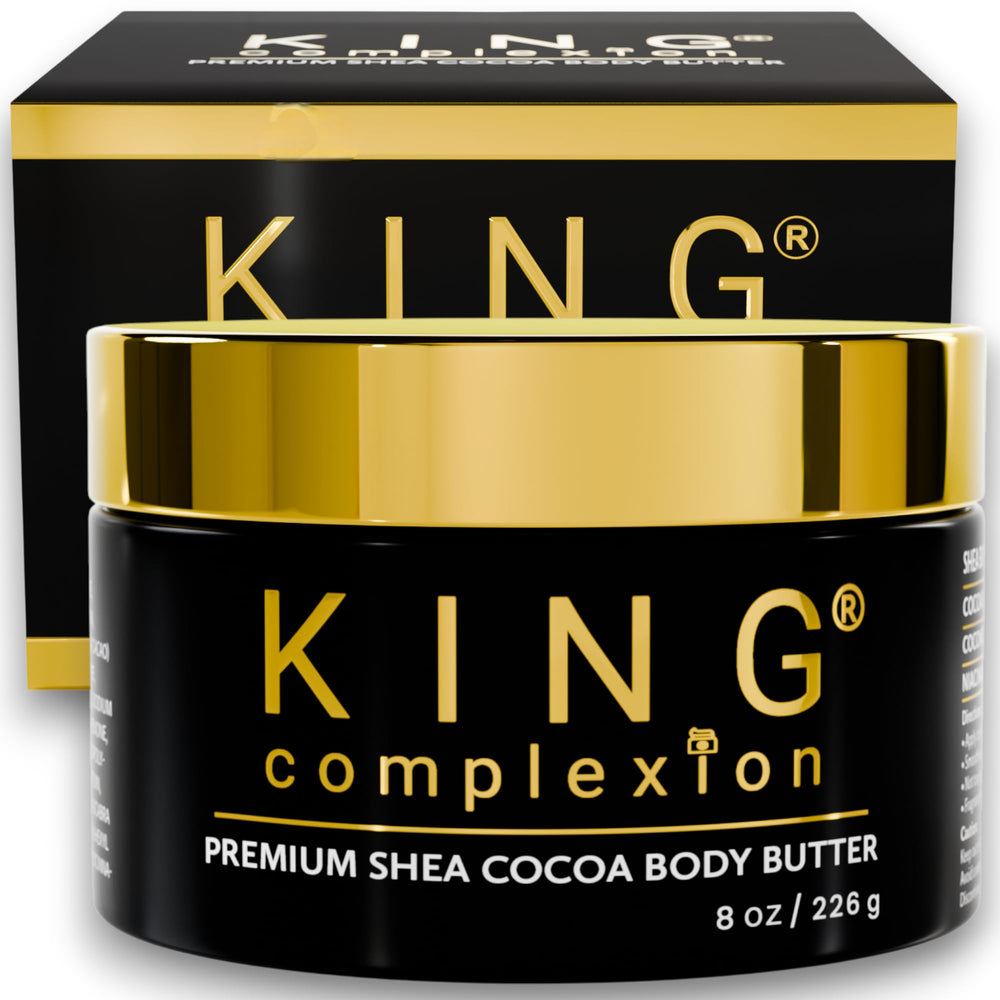 King Complexion Shea Cocoa Body Butter jar closeup shows rich texture for soft melanin-rich skin.
