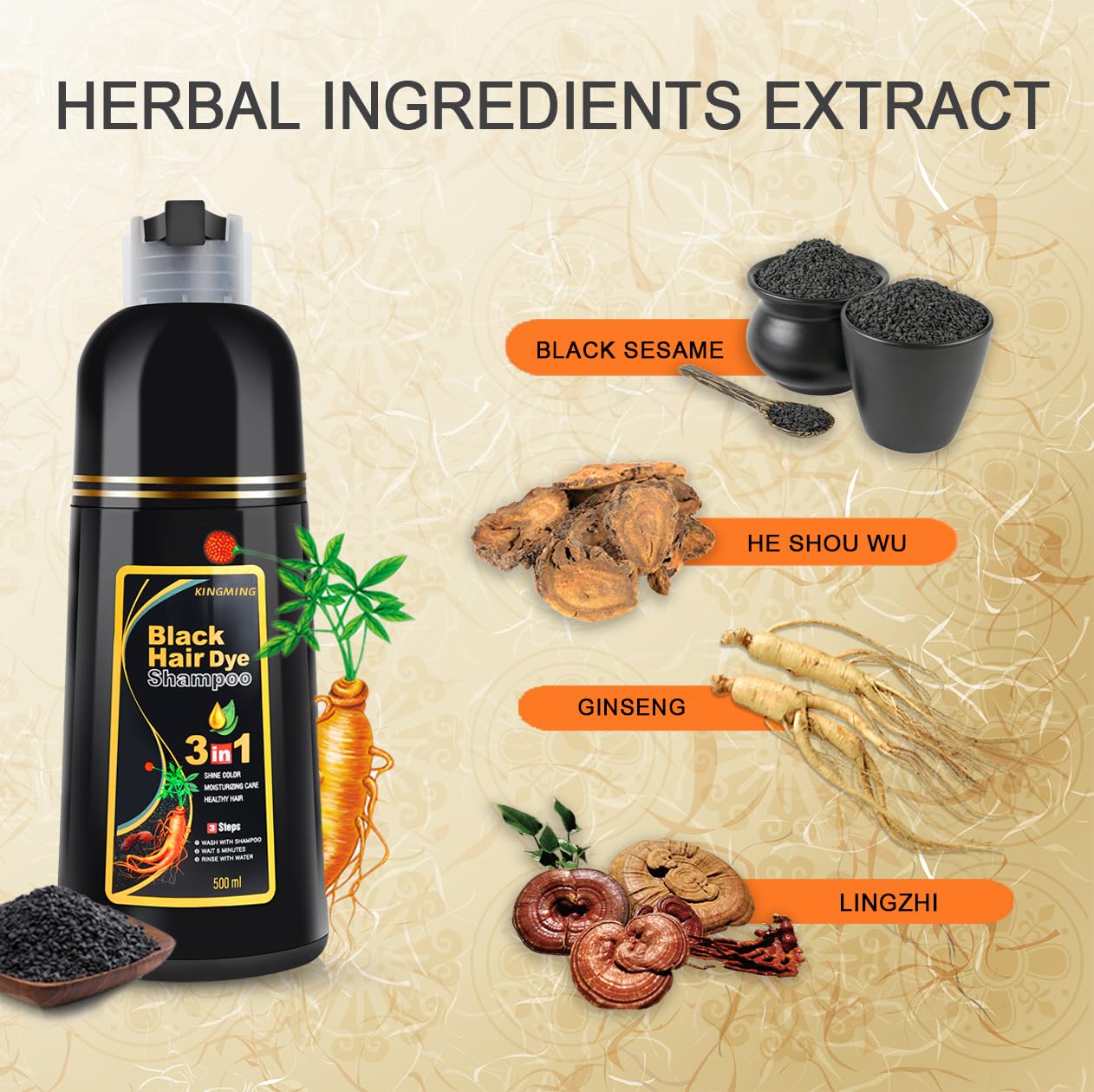 KingMing herbal ingredients closeup highlights gentle, plant-based nourishment for hair.