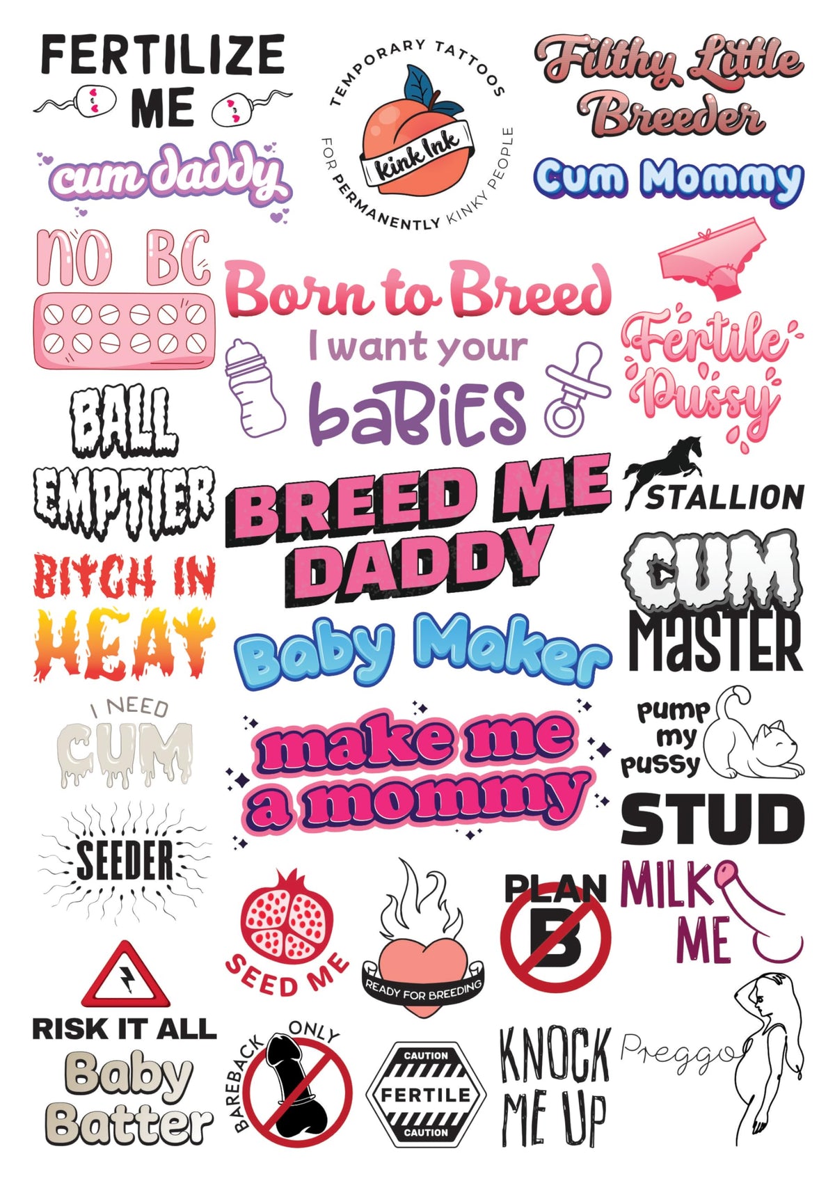 Kink Ink breeder tattoo sheet with 29 designs for bold self-expression in intimate play