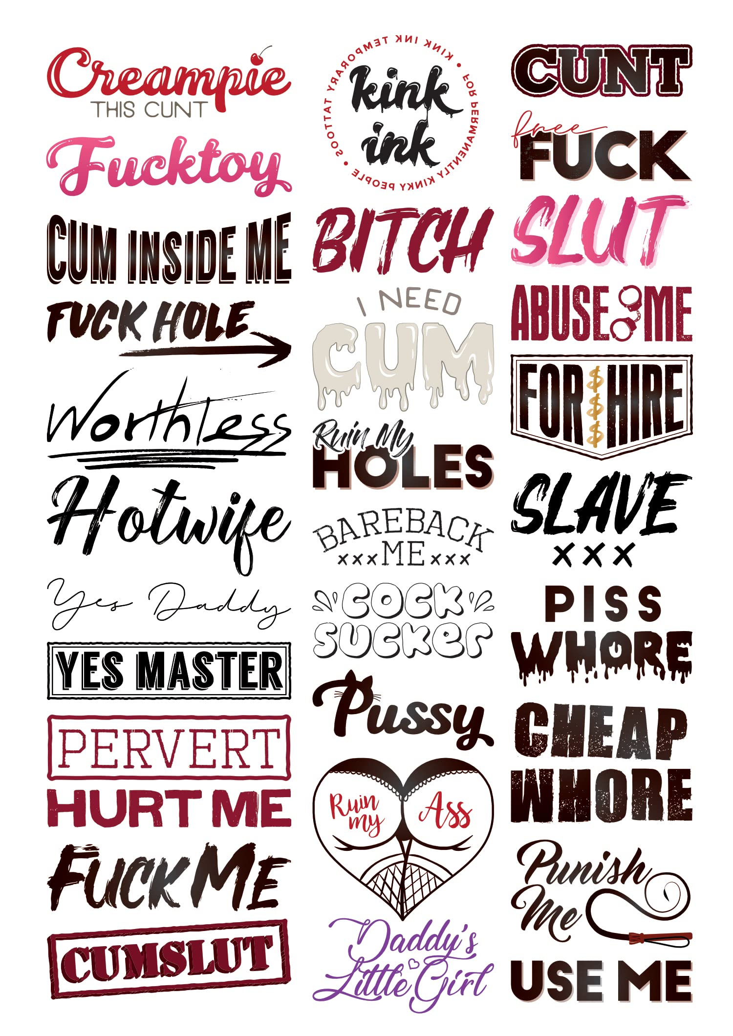 Kink Ink 30 Tattoos on an A4 sheet offer bold designs for daring expression.