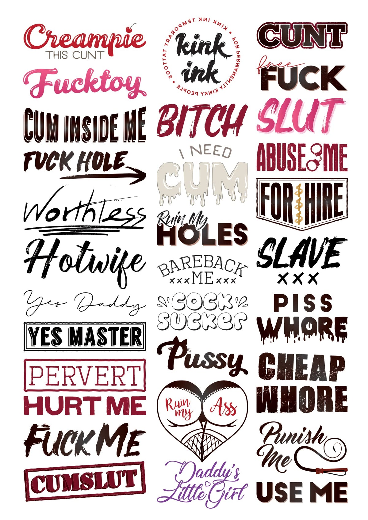 Kink Ink 30 Tattoos on an A4 sheet offer bold designs for daring expression.